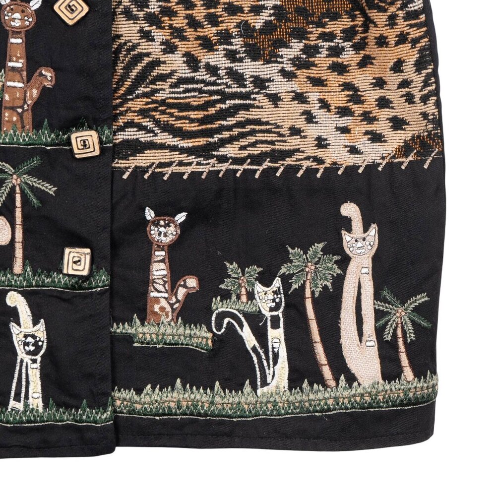 Life Style VTG Vest L Womens Black Cats Leopard Zebra Print Safari Embroidery - Picture 3 of 6